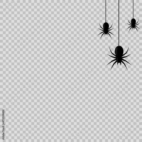 Halloween decoration with hanging spiders on transparent background. Vector