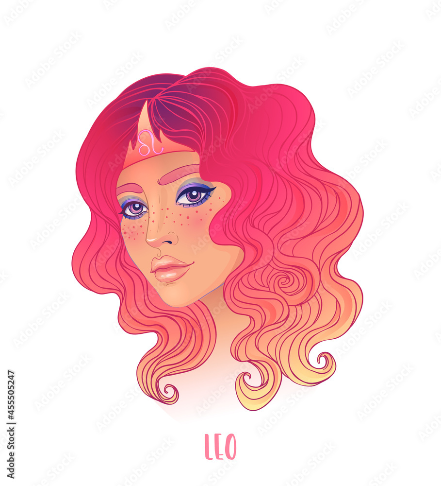 Illustration of Leo astrological sign as a beautiful girl. Zodiac vector illustration isolated on white. Future telling, horoscope, alchemy, spirituality, occultism, fashion woman.