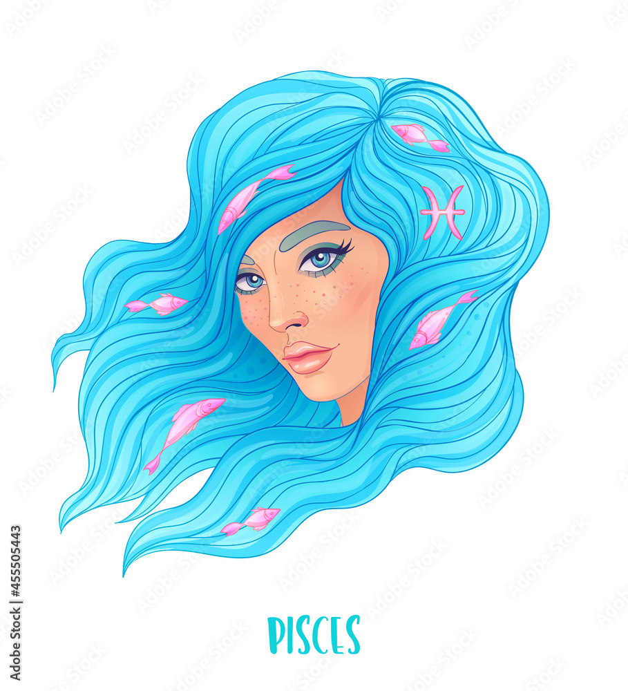 Illustration of Pisces astrological sign as a beautiful girl. Zodiac vector illustration isolated on white. Future telling, horoscope, alchemy, spirituality, occultism, fashion woman.