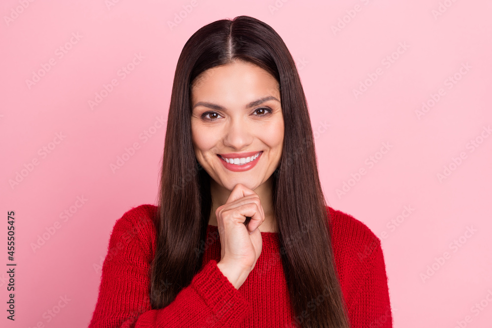 Photo of cheerful happy positive minded woman hold hand chin idea plan isolated on pastel pink color background Photo of cheerful happy positive minded woman hold hand chin idea plan isolated on pastel pink color background
