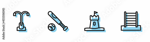 Set line Sand tower, Street light, Baseball bat with ball and Swedish wall icon. Vector
