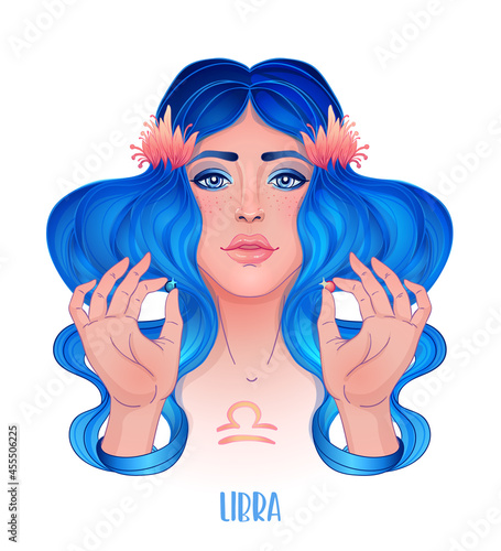 Illustration of Libra astrological sign as a beautiful girl. Zodiac vector illustration isolated on white. Future telling, horoscope, alchemy, spirituality, occultism, fashion woman.