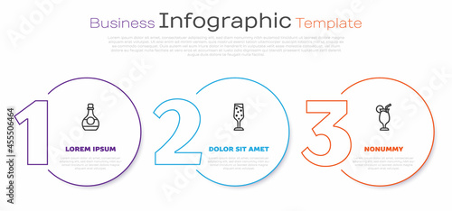 Set line Bottle of cognac or brandy, Glass champagne and Cocktail. Business infographic template. Vector