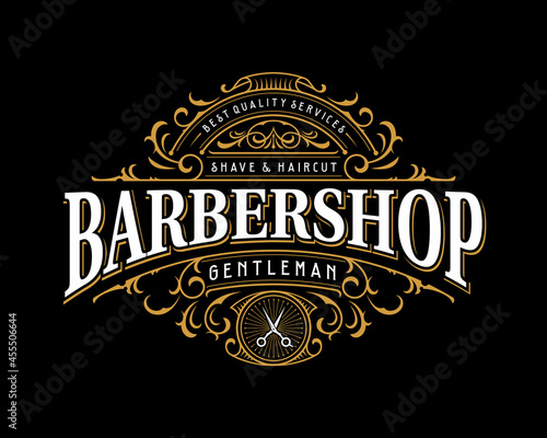 Barbershop vintage lettering logo with decorative ornamental frame