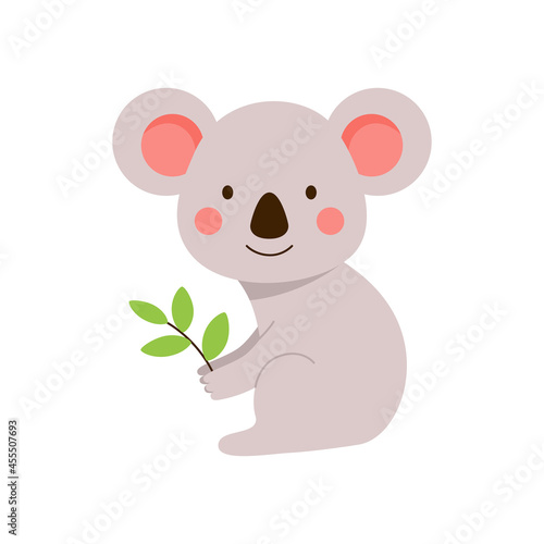 A fluffy little koala sits with a twig in his hands. Gray exotic bear cub hand drawn in cartoon style isolated on white background