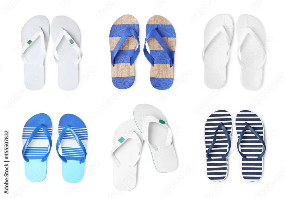 Set with different flip flops on white background, top view Set with different flip flops on white background, top view