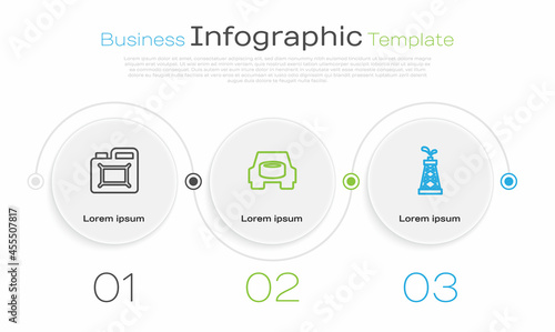 Set line Canister for motor oil, Spare wheel in the car and Oil rig. Business infographic template. Vector