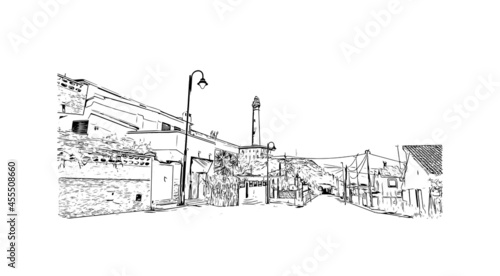 Building view with landmark of  La Manga del Mar Menor is a seaside spit of Mar Menor in the Region of Spain. Hand drawn sketch illustration in vector.