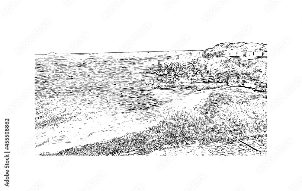 Building view with landmark of La Manga del Mar Menor is a seaside spit of Mar Menor in the Region of Spain. Hand drawn sketch illustration in vector. Building view with landmark of La Manga del Mar Menor is a seaside spit of Mar Menor in the Region of Spain. Hand drawn sketch illustration in vector.