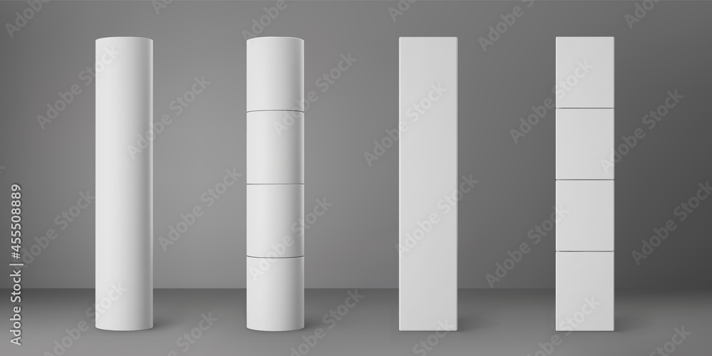 Base white cylinder and square columns set isolated on grey background. Realistic 3d pillar for modern room interior or bridge construction. Vector render pole base for banner or billboard. - obrazy, fototapety, plakaty 