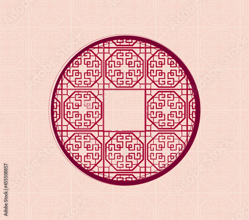 Chinese traditional window. Hand drawing of a Chinese window in colors. Vector. Illustration for card, poster, banner, label, print. Romantic and cute design.