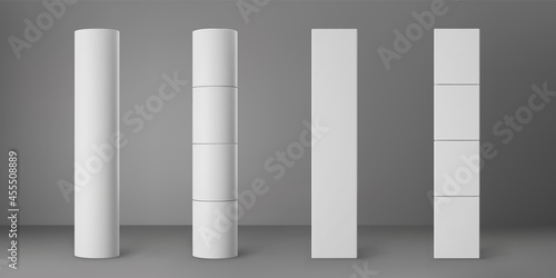 Base white cylinder and square columns set isolated on grey background. Realistic 3d pillar for modern room interior or bridge construction. Vector render pole base for banner or billboard.