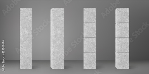 Concrete square columns set isolated on grey background. Realistic cement 3d pillar for modern room interior or bridge construction. Vector textured concrete pole base for banner or billboard.