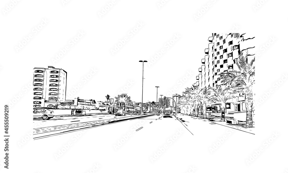 Building view with landmark of La Manga del Mar Menor is a seaside spit of Mar Menor in the Region of Spain. Hand drawn sketch illustration in vector.