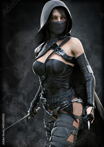 Obraz na plátně Mysterious hooded silent rogue assassin female piercing through the smoke toward her target with a dagger in hand