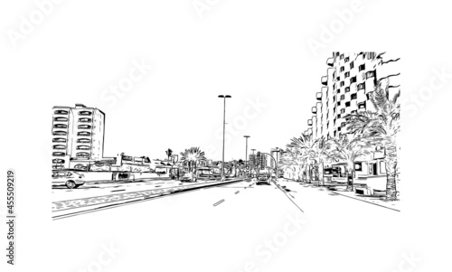 Obraz na płótnie Building view with landmark of La Manga del Mar Menor is a seaside spit of Mar Menor in the Region of Spain. Hand drawn sketch illustration in vector. w salonie