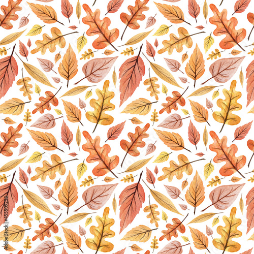 Watercolor seamless hand drawn autumn pattern. Atumn falling leaves. Endless texture. Yellow, orange, red, brown colors. Natural floral ornament.