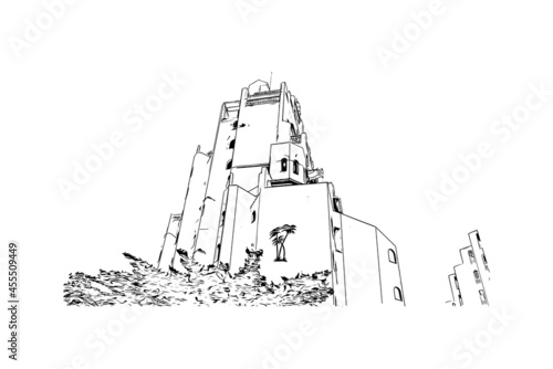 Building view with landmark of  La Manga del Mar Menor is a seaside spit of Mar Menor in the Region of Spain. Hand drawn sketch illustration in vector.