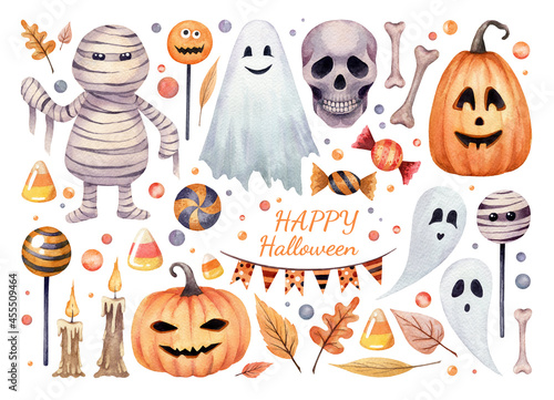 Watercolor halloween set. Hand drawn elements. Mummy, ghosts, halloween pumpkins, skull, candles, caramels, garland, bones, bonbons, autumn leaves on white background isolated.