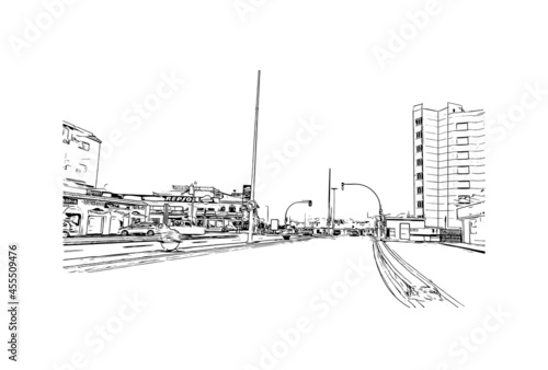 Building view with landmark of  La Manga del Mar Menor is a seaside spit of Mar Menor in the Region of Spain. Hand drawn sketch illustration in vector.