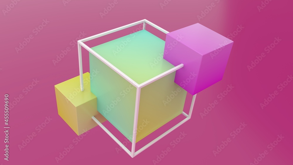 Fototapeta premium 3 connected cubes on a pink background. Large cube and attached cubes inside the cube wireframe. Cube construction.