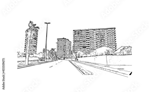 Building view with landmark of  La Manga del Mar Menor is a seaside spit of Mar Menor in the Region of Spain. Hand drawn sketch illustration in vector.