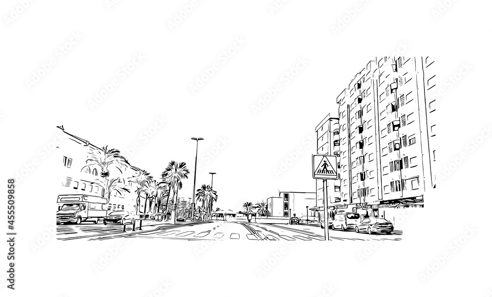 Building view with landmark of  La Manga del Mar Menor is a seaside spit of Mar Menor in the Region of Spain. Hand drawn sketch illustration in vector.