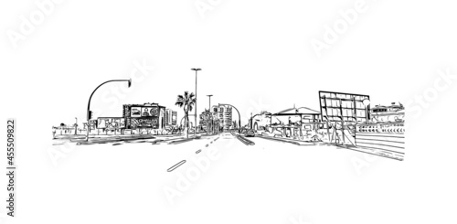 Building view with landmark of  La Manga del Mar Menor is a seaside spit of Mar Menor in the Region of Spain. Hand drawn sketch illustration in vector.