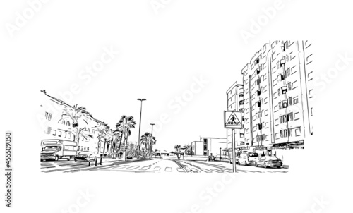 Building view with landmark of  La Manga del Mar Menor is a seaside spit of Mar Menor in the Region of Spain. Hand drawn sketch illustration in vector.