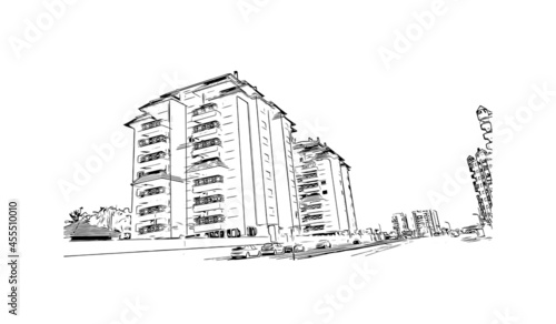 Building view with landmark of  La Manga del Mar Menor is a seaside spit of Mar Menor in the Region of Spain. Hand drawn sketch illustration in vector.