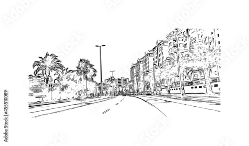 Building view with landmark of  La Manga del Mar Menor is a seaside spit of Mar Menor in the Region of Spain. Hand drawn sketch illustration in vector.