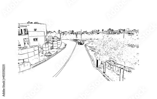 Building view with landmark of  La Manga del Mar Menor is a seaside spit of Mar Menor in the Region of Spain. Hand drawn sketch illustration in vector.
