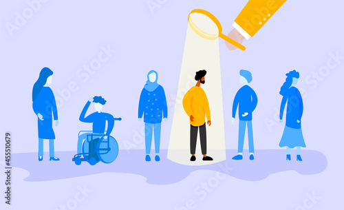 A group of people standing for recruitment and one person is selected out of all people, the recruiter is using magnifying glass to hire the perfect employee 