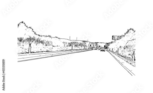 Building view with landmark of  La Manga del Mar Menor is a seaside spit of Mar Menor in the Region of Spain. Hand drawn sketch illustration in vector.