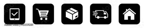 Set of delivery and shopping icons. Package tracking, order delivery status. Online purchase, express courier delivery. Vector.
