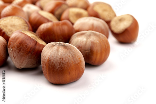 Group of hazelnuts, isolated on white background