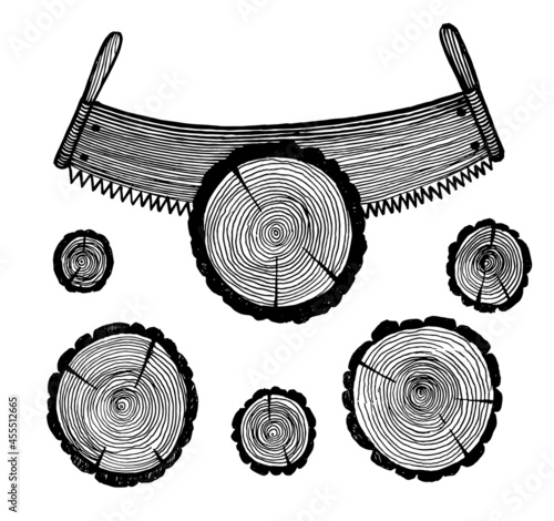 Two-handed saw and logs, vector illustration. Vintage graphics and handwork. Tools collection.