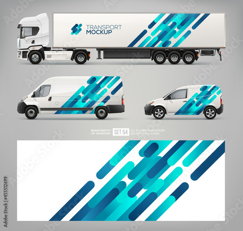 Vector Van, truck trailer realistic mockup set with wrap decal for livery branding corporate identity design. Abstract blue graphics for business flyer design. Decal for transport