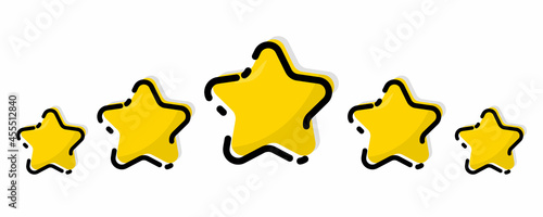 Five gold star. Satisfaction Rating and positive review. Online feedback reputation quality customer review. Evaluation of goods, writing reviews of delivery, hotels, for a website or application
