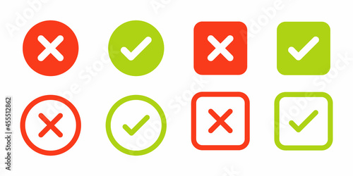 Green tick red cross vector icons. Tick and cross marks. Accepted, rejected, approved, disapproved, right, wrong, correct, false symbols. Checkbox and cross, thin line icons. Check and wrong marks
