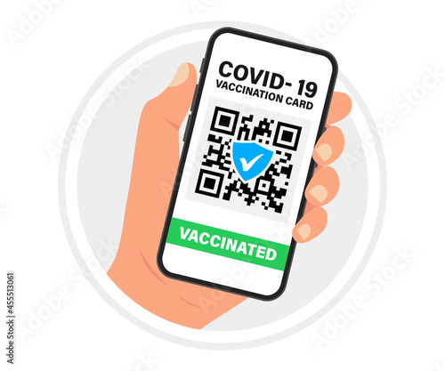 Health passport with qr code on smartphone screen. Hand holding smartphone with vaccination certificate. Concept of travel during the COVID-19 outbreak. The vaccinated person using Apps with QR code