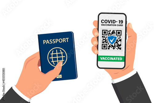 Electronic COVID-19 immunity passport. Digital vaccine certificate with Qr code. The vaccinated person using QR code on mobile phone for safe travelling during the pandemic. Air tickets, boarding pass