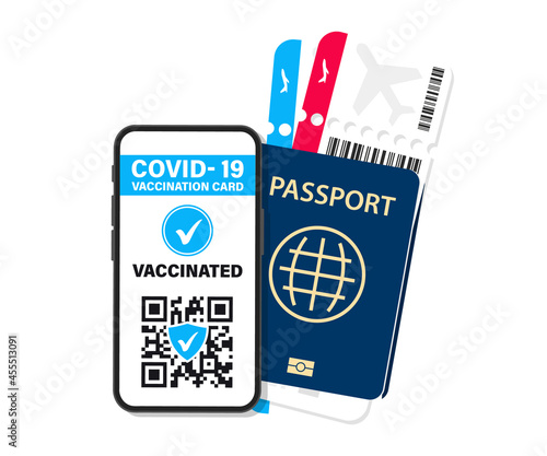 Electronic COVID-19 immunity passport. Digital vaccine certificate with Qr code. The vaccinated person using QR code on mobile phone for safe travelling during the pandemic. Air tickets, boarding pass