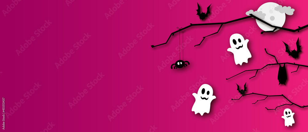 Halloween decorations, bats, ghosts on purple background Halloween decorations, bats, ghosts on purple background