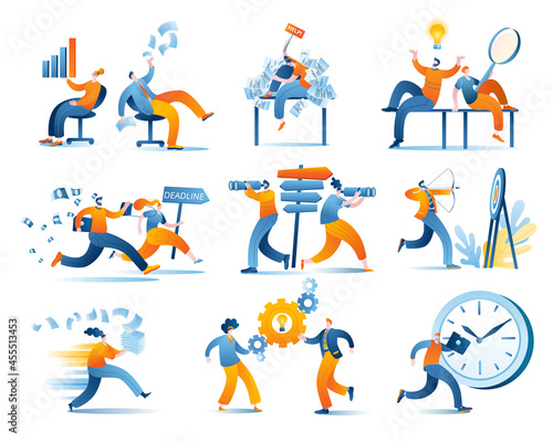 Business characters in various poses in the office. A set of vector illustrations on the topic of business and finance.
