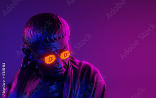 Portrait of a seated philosopher in bitcoin glasses on a neon background. 3d image.