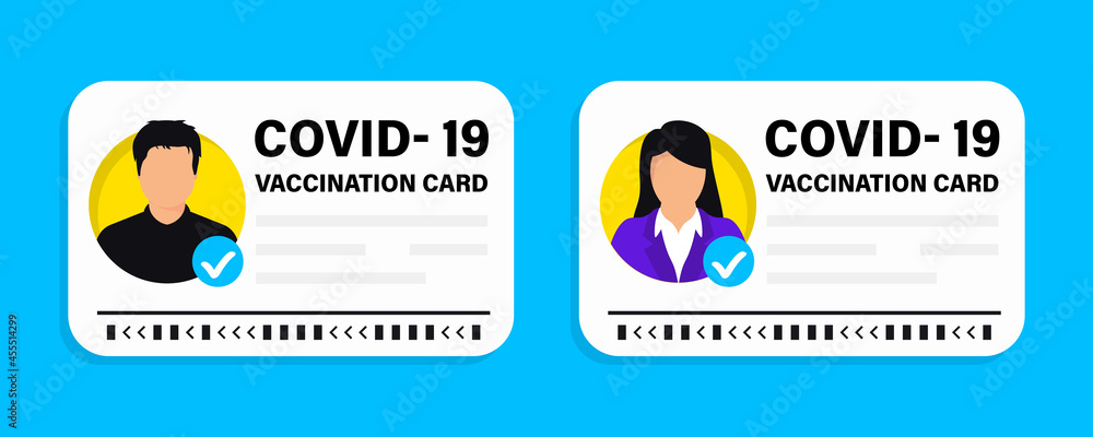 Covid-19 vaccine passport. Vaccination certificate, medical card or passport for travel in time pandemic. Vector illustration of vaccination card, Male and female. International immunity certificate - obrazy, fototapety, plakaty 