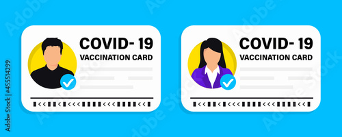 Covid-19 vaccine passport. Vaccination certificate, medical card or passport for travel in time pandemic. Vector illustration of vaccination card, Male and female. International immunity certificate