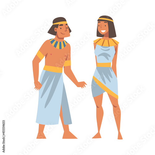 Egyptian Man and Woman Character Wearing Authentic Garment and Necklace Vector Illustration