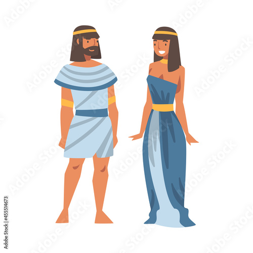 Egyptian Man and Woman Character Wearing Authentic Garment and Necklace Vector Illustration